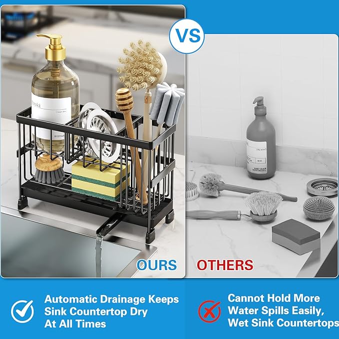 Sponge Holder for Kitchen Sink, 2-Tier Sink Caddy Organizer with High Brush Holder, Dish Soap and Scrubber Holder- Kitchen Counter Decro -RV Essentials -House Warming Gift