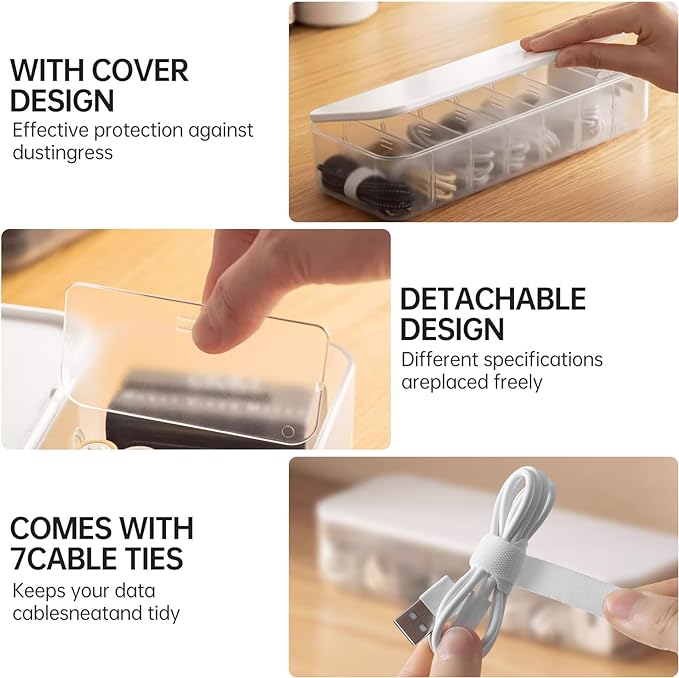 PAVSTINE Cable Organizer Storage Box with 7 Wire Ties,Desktop Cable Management Box with Lid,Power Cord Organizer with 7 Compartments for Office,Home,Desk Accessories Storage Stationery Supplies White