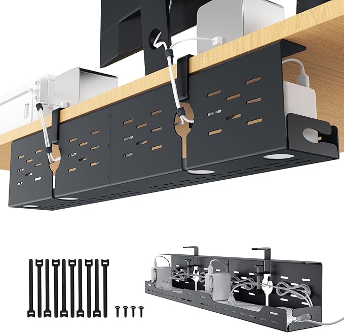 Under Desk Cable Management Tray, 32" Steel Cord Organizer, Black