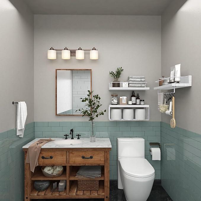 PopiShelves Bathroom Shelves Over Toilet for Wall, Floating Shelves with Storage Basket Paper Holer for Kitchen Living Room, Bedroom & Classroom, Set of 3 (White)