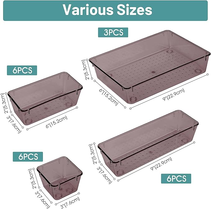 25 PCS Plastic Drawer Organizer Set, Clear Brown
