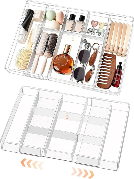 Acrylic Expandable Desk Drawer Organizer with 11 Adjustable Compartments and 6