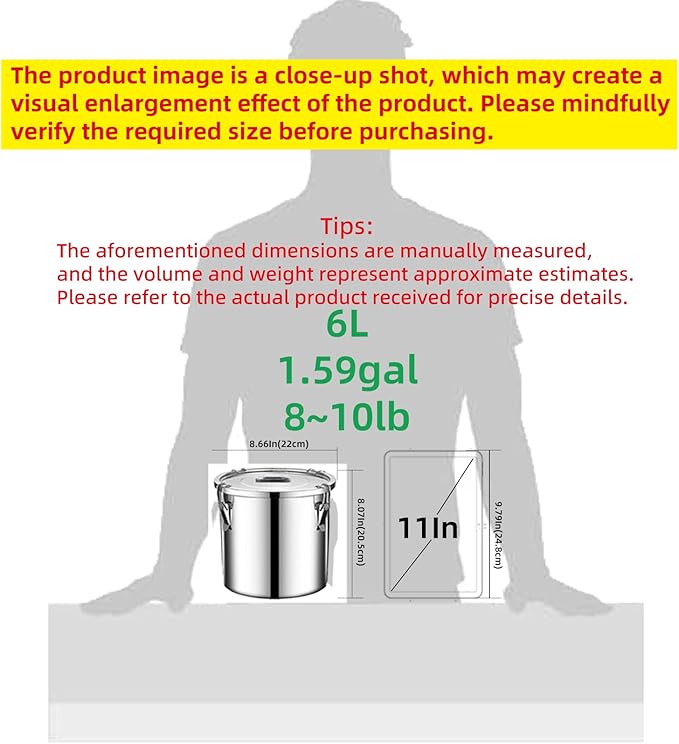 stainless steel food storage containers with lids lock clips airtight container large airtight for rice flour sugar grain coffee bean storage containers Kitchen jar (1.59gal/6L)