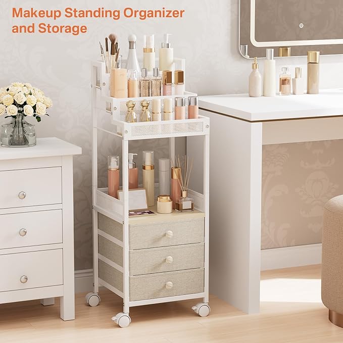 Bathroom Stand, Makeup Organizer Storage with Drawers, 13 Inch Large Floor Rolling Skincare Organizer Cart, 3-Tier Vanity Tray Stand for Cosmetics, Nail Polish, Perfume Display Cases Holder