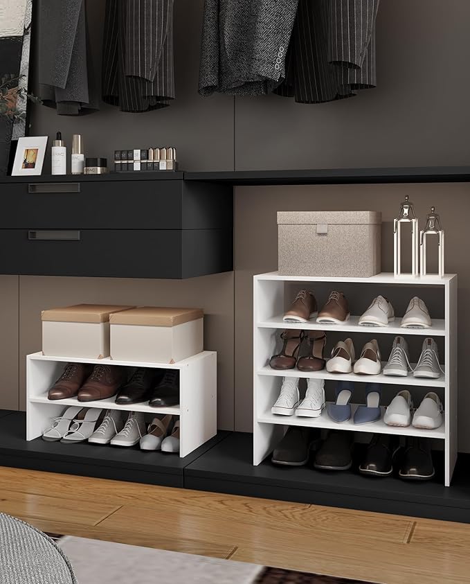 2-Tier Stackable White Shoe Rack, Modern White