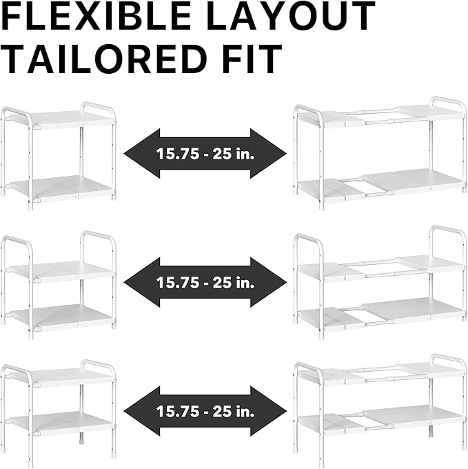 Simple Houseware Under Sink 2 Tier Expandable Heavy Duty Metal Shelf Organizer Rack, White (Expand from 15 to 25 inches)