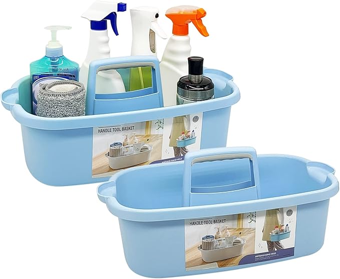 Goderewild 2 Pack Multi-Purpose Plastic Cleaning Caddy with Handle, Shower Caddy Organizer/Storage Basket/Totes Portable for Bathroom Supplies, Cleaning Products, Under Sink Tool, Housekeepers (Blue2)
