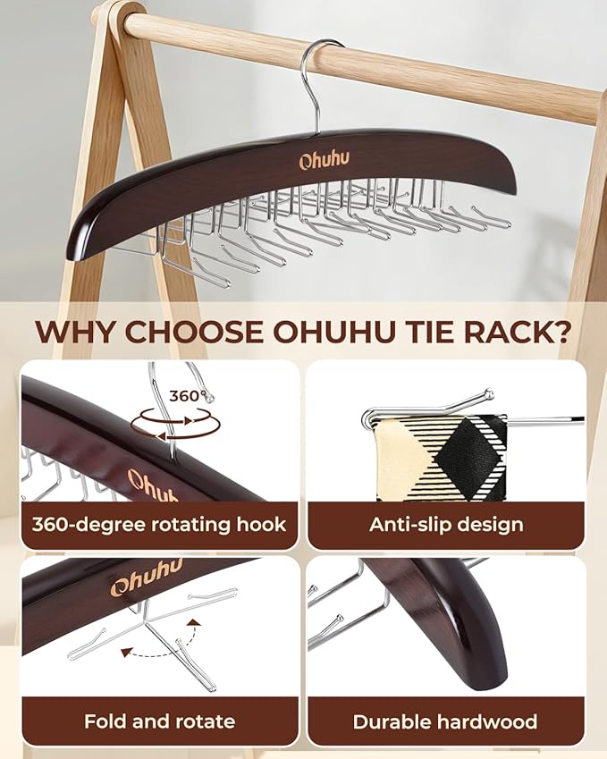 Tie Rack Hanger for Closet: Ohuhu 2 Packs 24 Folding Hooks Tie Hangers for Men Wooden Tie Holder Organizer Space Saving Necktie Storage 360 Degree Rotating Ties Belts Scarves Tank Tops-Walnut
