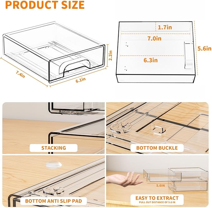 4 Pack Small Clear Stackable Storage Drawers