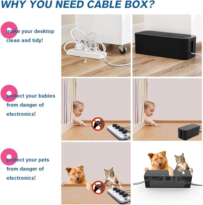 ShellKingdom Cable Management Box, 2 Set Cable Organizer for Cable and Cord Management, Storage and Holder to Cover and Hide & Power Strips & Cords (Black)