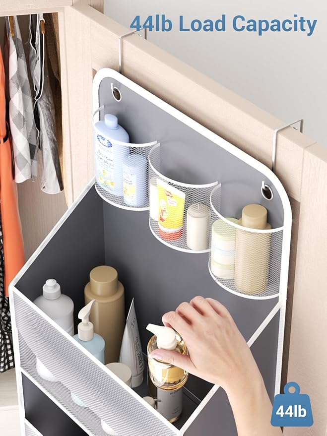 Over Door Organizer for Bedroom,Nursery,Bathroom,Dorm,Pantry, Closet - 5 Tier 44 lb Load Behind Door Storage, Back of Door Hanging Holder Bag - 1 Pack,Grey