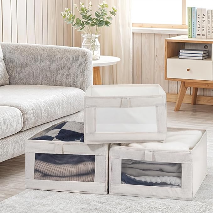 VZZNN 4 Pack Linen Organizers and Storage, Closet Storage Bins Linen Closet Baskets for Organization Foldable Organizer Bins with Clear Window for Organizing Clothing, Beige
