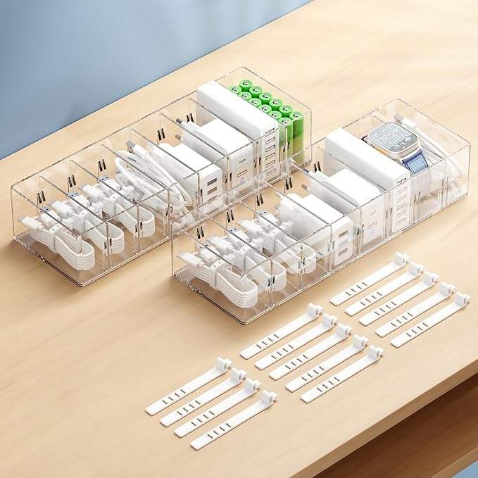 FRETONBA 2 Pack Cable Storage Organizer Box with 8 Compartments and 14 Wire Ties, Stackable Charger Organizer, Clear Cord organizer for Drawer, Adjustable Divider Cord Management Box