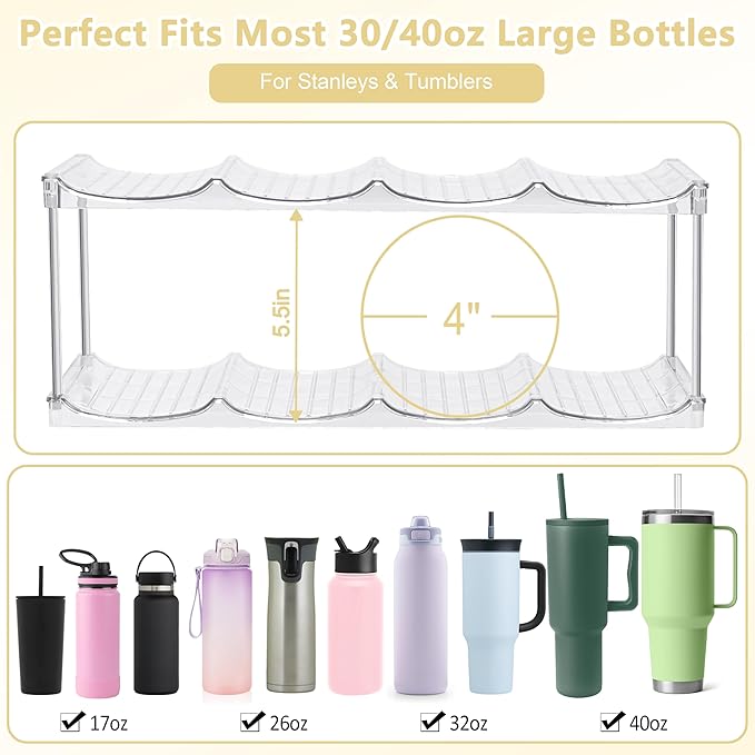 Spaclear Water Bottle Organizer - Stackable Water Bottle Holder for Cabinet, Large Compartment Tumbler Organizer Wine Racks, Kitchen Organization and Storage for Stanley Cup Holder, 4 Tier Hold 16