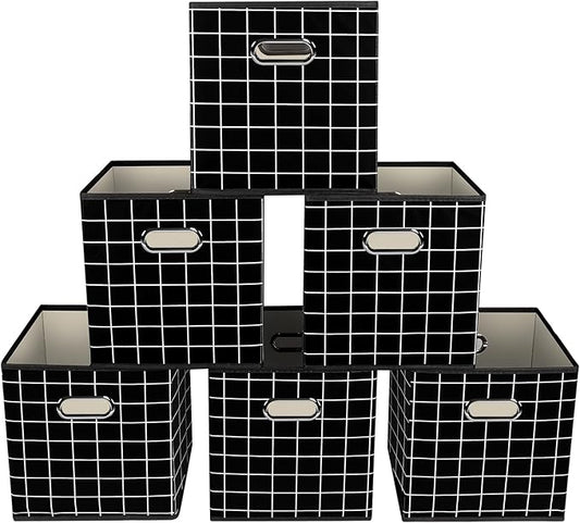 Yunkeeeper storage bins Cubes, Fabric Cube Organizer with Handle, Foldable Cube Bins for Cloth or Accessary Storage, 11x11x11, Set of 6, (Black grid)
