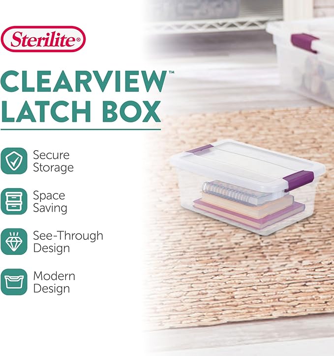 Sterilite 12-Pack ClearView Latch Box, Stackable Clear Organizer Bins with Lids, 6 Qt – Plastic Tote Containers for Closet, Office, Bedroom, Shelving Units and Everyday Home Storage Organization