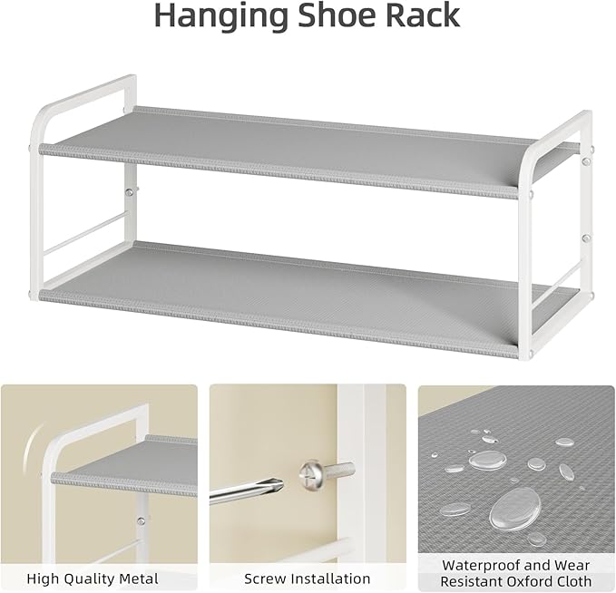 Wall Mounted Shoe Rack, Carbon Steel Shoe Organizer with Removable Oxford Cloth, Non-Slip Space-Saving for Entryway Closet Bedroom, White