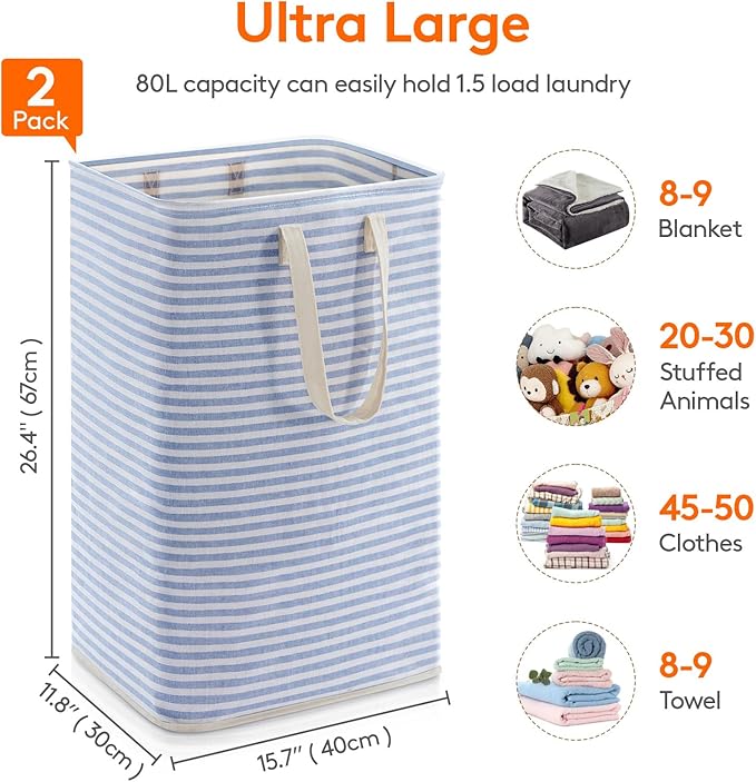 Lifewit 2 Pack Laundry Basket 80L Each, Collapsible Clothes Hamper with Reinforced Handles, Freestanding Waterproof Design for Bedroom and Laundry Room, Blue 160L Total