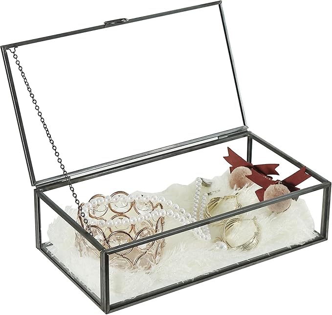 HighFree Vintage Glass Box with Lid - Clear Jewelry Glass Display Box Keepsake Box - Home Decor Decorative Box for Trinket Rings Bracelet (Black, Medium)