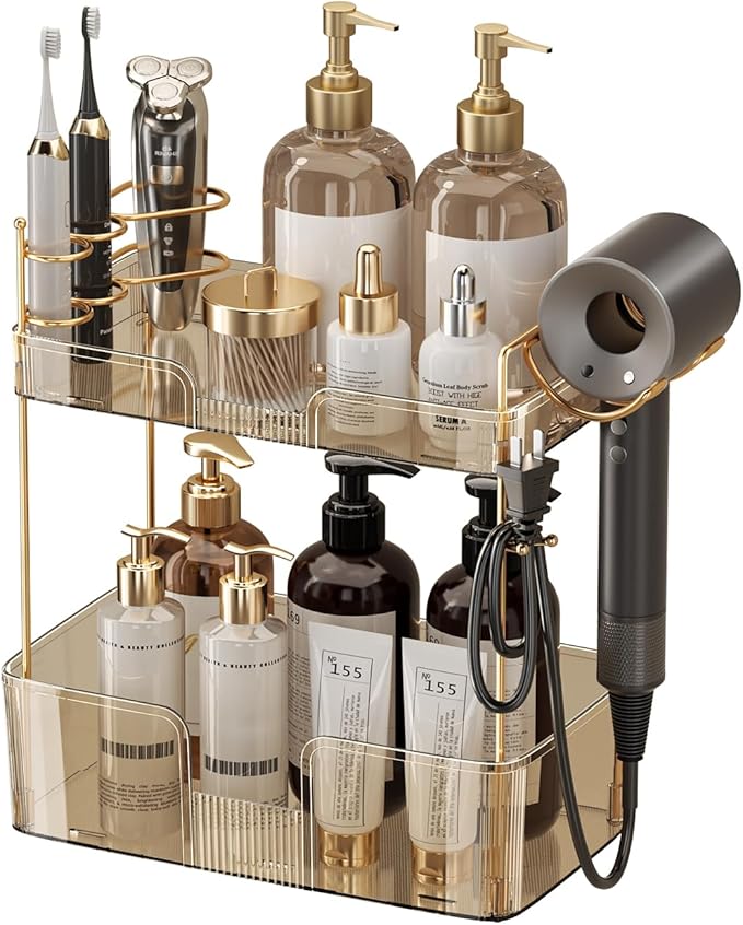 Shuang Qing 2 Tier Gold Bathroom Counter Organizer with Hair Dryer Holder, Skincare & Makeup Organizer, Cosmetics Shelf for Vanity Tray