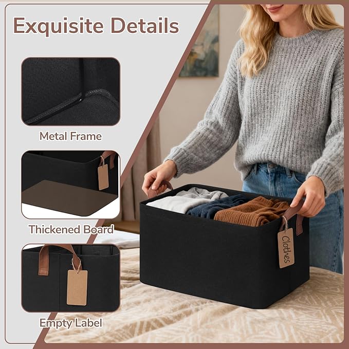 CHICVITA 4 Pack Storage Baskets for Shelves, Collapsible Fabric Closet Storage Bins with Metal Frame, Towel Organizer for Living Room, 14.8" x 10.3" x 8.3", Black