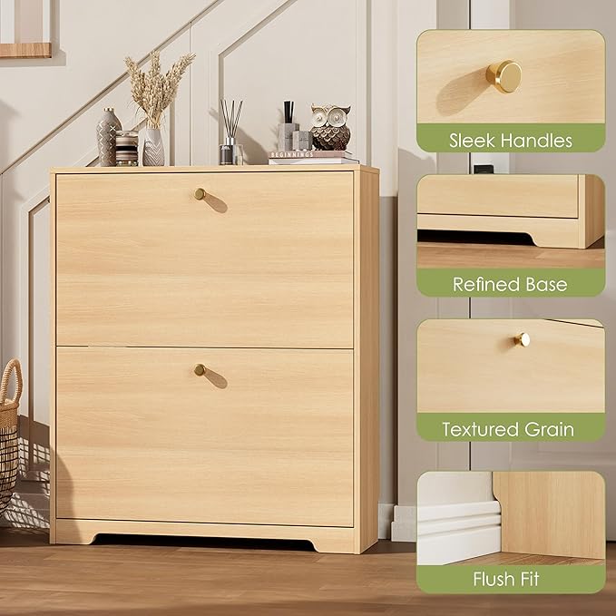 Nicetree Shoe Storage Cabinet with 2 Flip Drawers, Slim Shoe Cabinet, Hidden Shoe Rack Cabinet, Shoe Storage Cabinet for Entryway, Hallway, Foryer, Natural Oak
