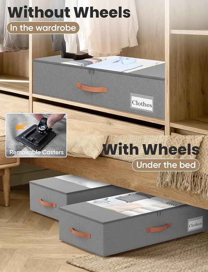 2-Pack Under Bed Storage Drawers with Wheels, 6 Vacuum Bags, 7.9" Height, Gray