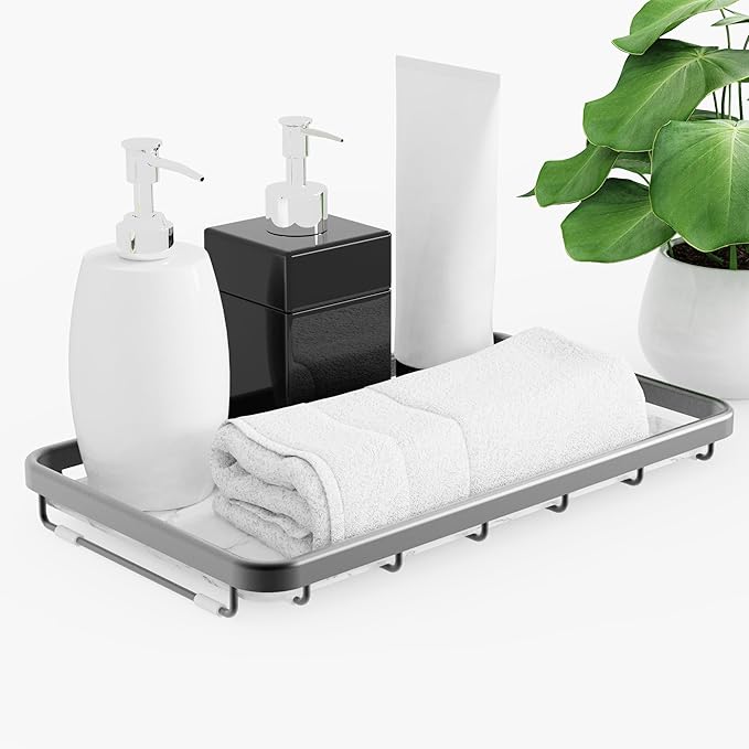 Counter Organizer for Bathroom, Kitchen or Coffee Bar, Metal Shelf with Faux Marble, Vanity Countertop Makeup Storage, Dresser Perfume Display Rack, Toilet Tank Tray (Matte Black, 1-Tier)