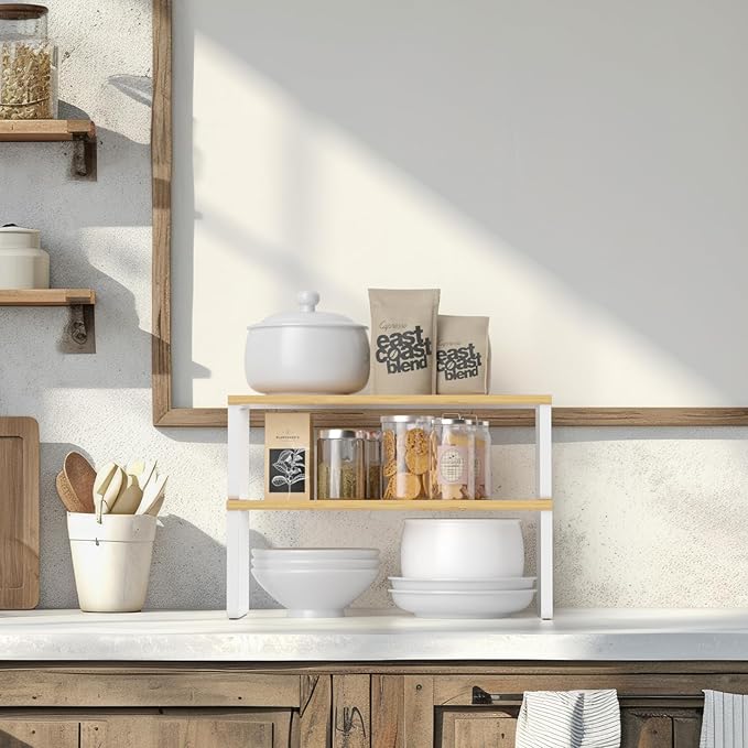 NEX Kitchen Cabinet and Counter Shelf Organizer, Stackable & Expandable, Set of 4, White and Natural - 7.7 x 15.6 x 6.2''