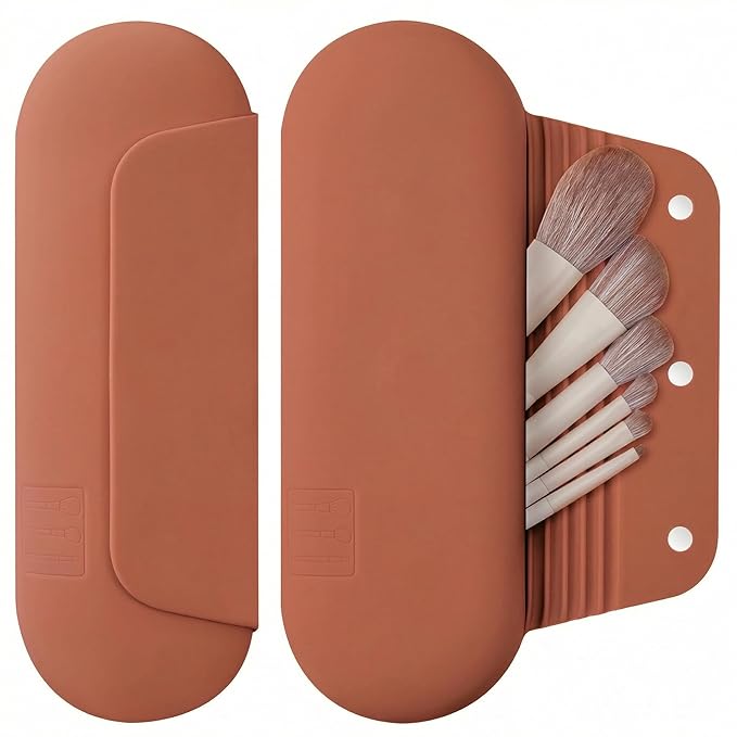 AGIKET Silicone Makeup Brush Holder Travel Cosmetic Bag：Soft Portable Cosmetic Face Brushes Holder with Upgrade Anti-Fall Out Magnetic Closure, Large Travel Makeup Brush Case - Brown