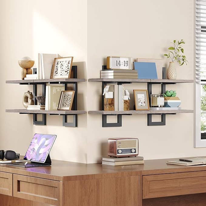 Floating Shelves, 15 Inch Wall Shelf Set of 4, Greige and Black BG32BJP401