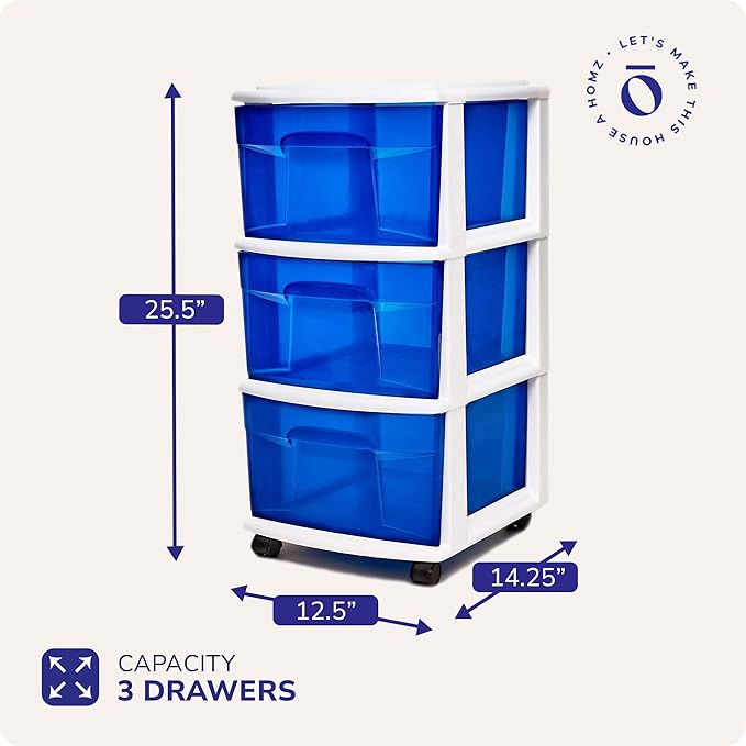 Drawer Tower, 3-Tier Clear Blue Plastic Storage Organizer Cart, White Frame