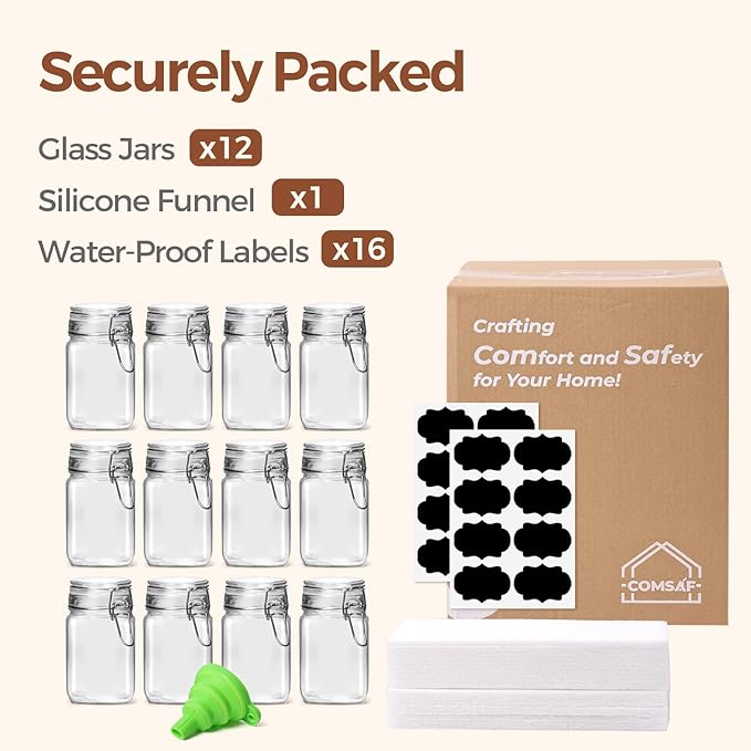 Set of 12 Square Glass Jars with Airtight Lids (8 Oz)