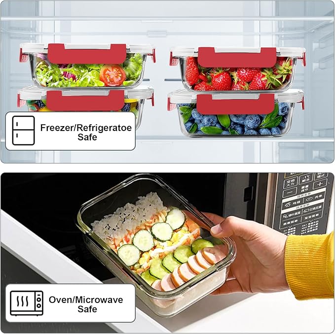 10 Pack 22 OZ Glass Meal Prep Containers, Red