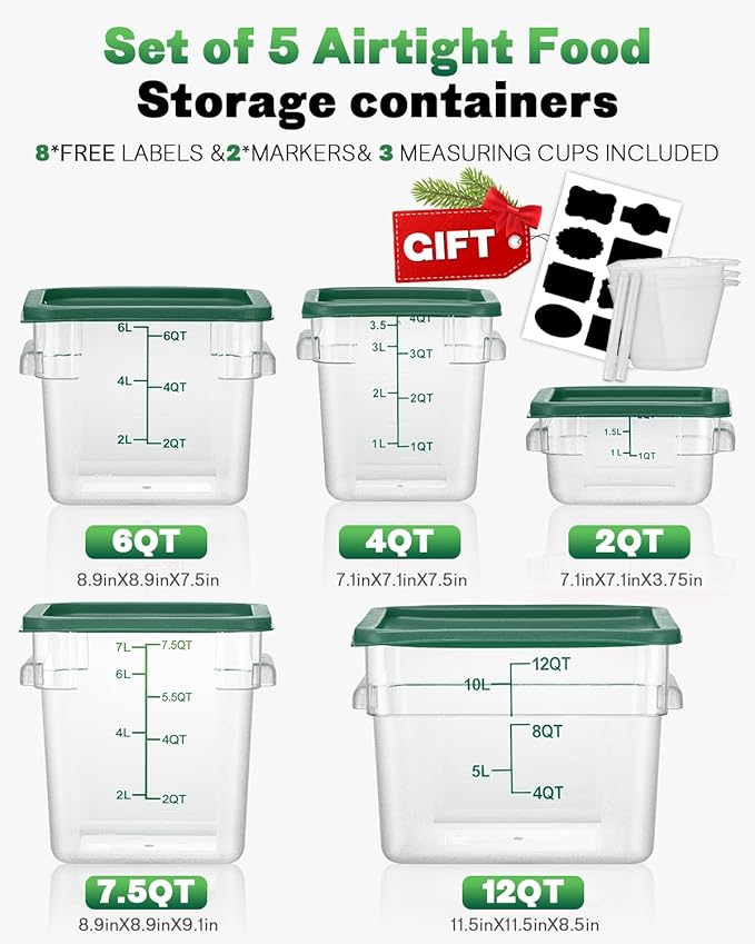 2QT NSF Food Storage Containers: 6 PCS [Food Grade][Hot&Cold Resistant] Commercial Clear Square Food Storage Containers with Scales Handles for Home Restaurant Kitchen Proof Dough(BPA FREE-GREEN N2)