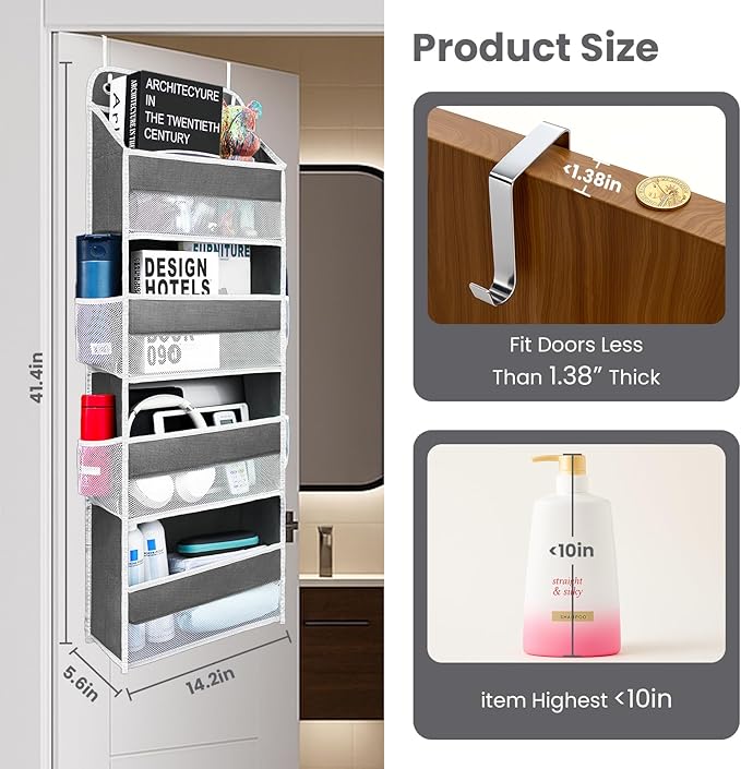 Ease of Assembly Over The Door Organizer,4 Shelves & 4 Side Pockets,Anti Tilt Hanging Behind Door Storage, Heavy-Duty Reinforced Mesh Rack Holds 44lb for Bathroom,Pantry, Nursery,Closet, Shoes, Towels