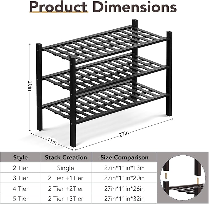 Haddockway 3 Tier Bamboo Shoe Rack Storage Organizer, Multifunctional Free Standing Stackable Shoe Shelf with Grid Panel for Closet,Hallway,Entryway,Small Space 27"x11"x20"