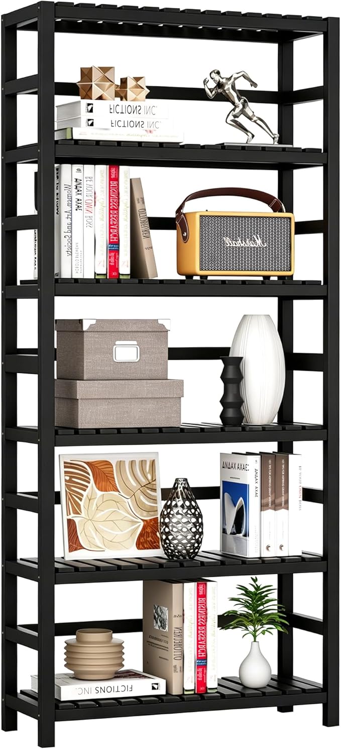 VASMIA 6-Tier Bamboo Shelf,Bamboo Storage Shelving Unit,Tall Bookcase with Adjustable Shelves,Multipurpose Storage Display Shelf for Bathroom, Living Room, Balcony, Kitchen,Black