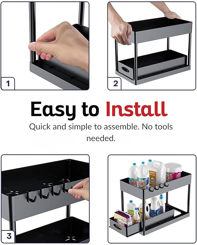 2 Tier Under Sink Organizer with Sliding Drawer, Pull Out Cabinet Storage Rack for Kitchen Bathroom Pantry, Multi Purpose Shelf with Removable Side Hooks and Hanging Cup, Tool Free Assembly