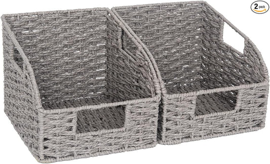 StorageWorks Wicker Baskets for Organizing, Pantry Organizers and Storage, Round Paper Rope Storage Basket for Pantry Shelves, Gray, 2 Pack