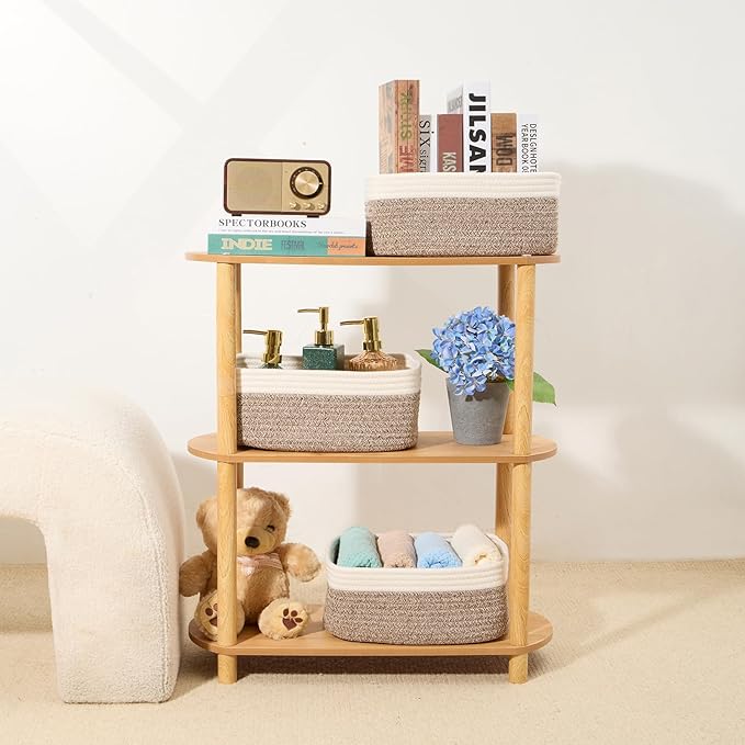 MiniArk Small Storage Baskets for Organizing | Closet Organizer Bins | Shelf Toy Basket | Woven Rope Baskets | Cube Decorative Box | Shallow Basket | 13x8.5x5.1” | 4 Packs White Brown
