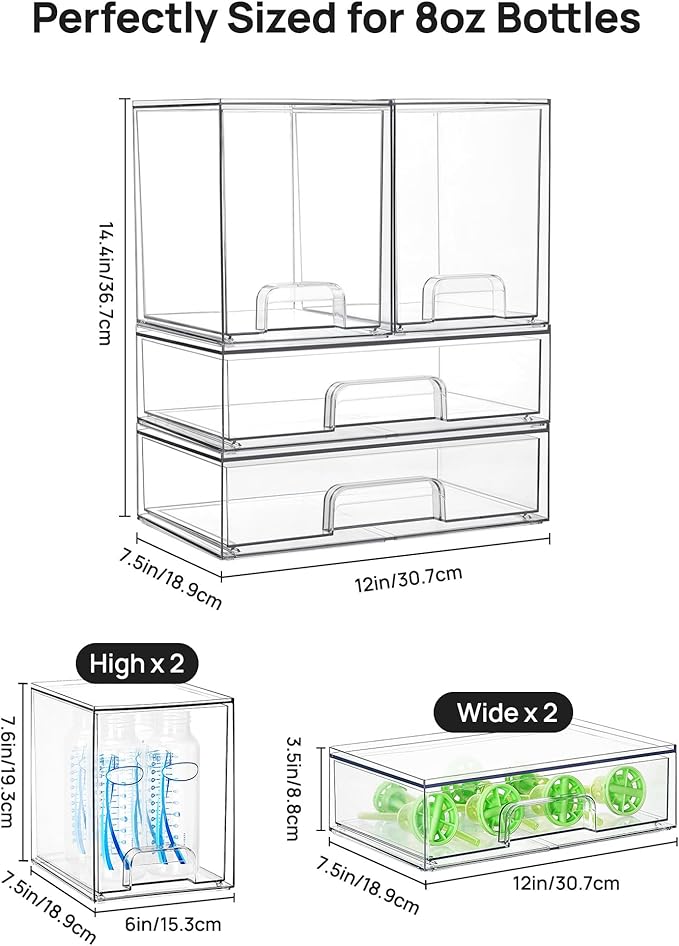 Clear Stackable Storage Drawers Set of 4, Plastic Organizer Bins for Makeup