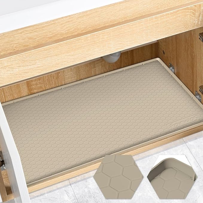 Waterproof Under Sink Mat 28" x 19", Silicone Cabinet Liner, Rubber Protector for Kitchen and Bathroom, Keeps Cabinets Clean, Dry, and Organized (Khaki)