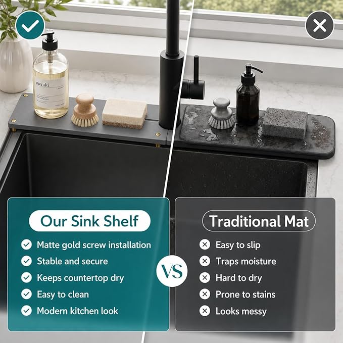 Stone Faucet Mat for Kitchen Sink, Water Absorbing Sink Tray Organizer for Bathroom Counter, Diatomite Soap Dish Coaster Caddy Riser, Sponge Holder Dispenser Mat, Gold Dark Gray, 23.6" x 4"