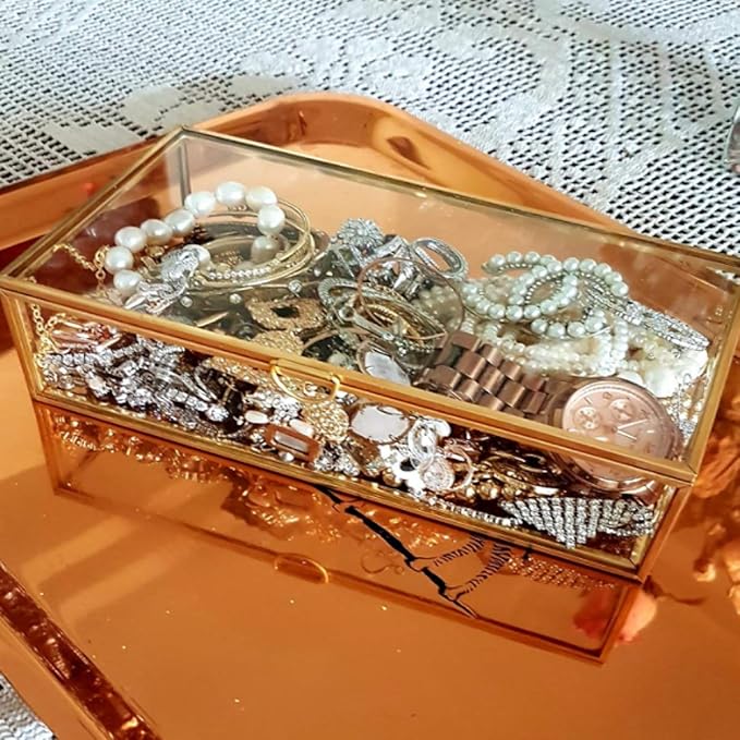 HighFree Vintage Glass Box with Lid - Clear Jewelry Glass Display Box Keepsake Box - Home Decor Decorative Box for Trinket Rings Bracelet (Gold, Medium)