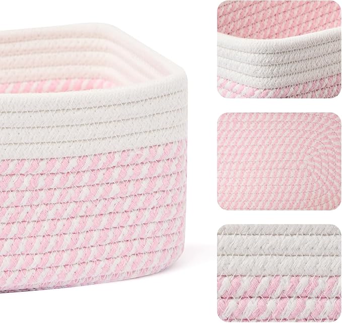 MiniArk Small Storage Baskets for Organizing | Closet Organizer Bins | Shelf Toy Basket | Woven Rope Baskets | Cube Decorative Box | Shallow Basket | 11.5x7.5x4.7” | 4 Packs White Pink