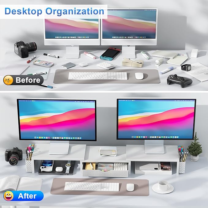 Dual Monitor Stand Riser, Desk Organizer With Drawer and 2 Pen Holders, White