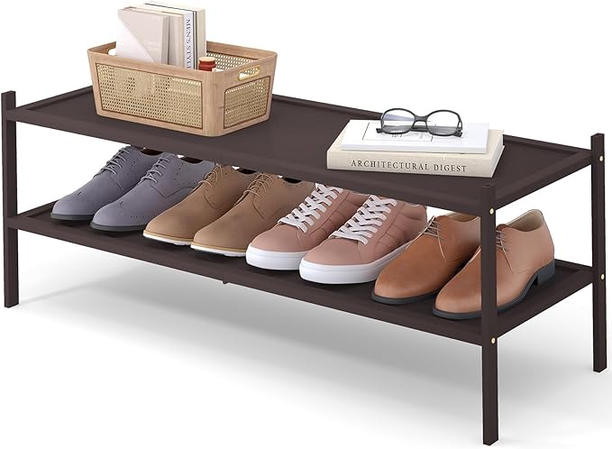 Smiry Bamboo Long Shoe Rack, 2 Tier Shoe Organizer for Entryway & Closet, Stackable Free Standing Storage Shelf for Shoes, Bags & Plants, Brown