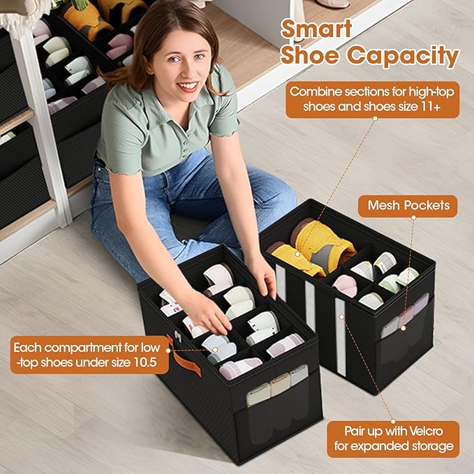 4-PackShoe Organizer for Closet, Foldable Shoe Storage Box with Adjustable Dividers & Clear Cover, Fits 32 Pairs, Black, Durable and Space-Saving