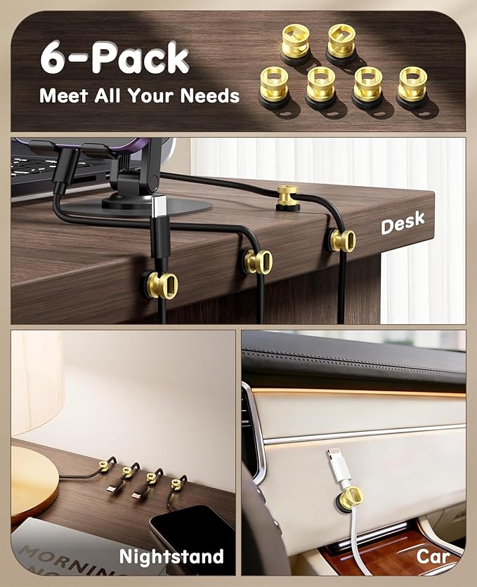 Maveek Magnetic Cord Clips 6 Pack, Wire Organizer Metal Cable Clips Adhesive Cable Management For USB Charging Cords, Desk Office Car Dash Cam Nightstand (Premium Gold Edition)